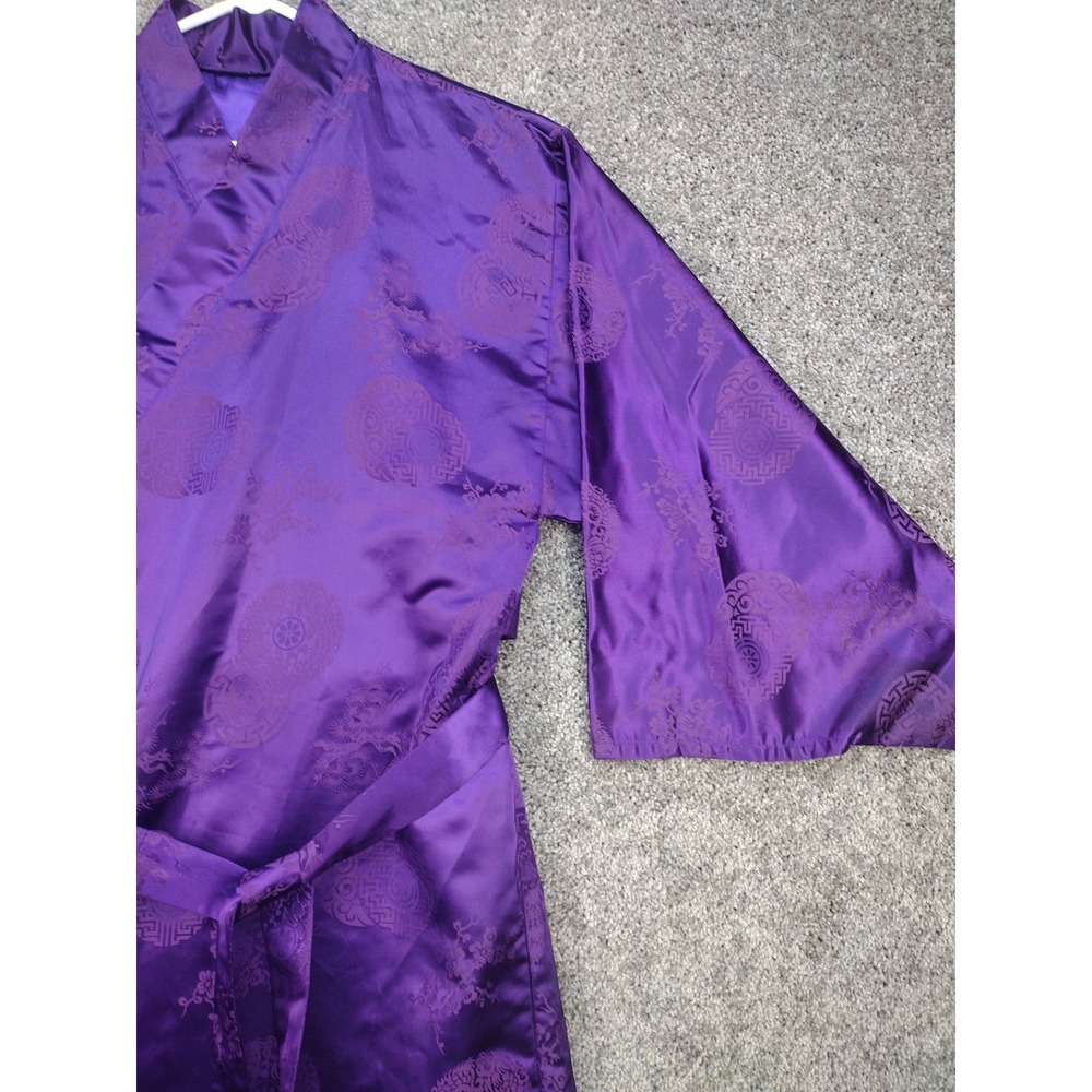 Vintage Japanese Belted Kimono Silky Dark Purple W Huge Butterfly Robe MCM 70's - Picture 6 of 16